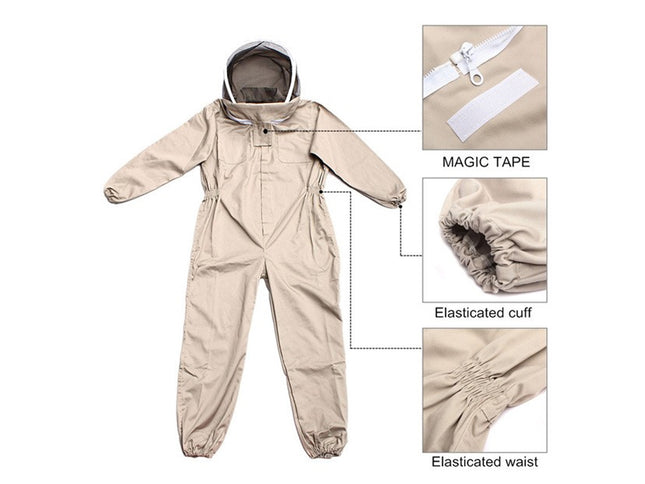 Beige beekeeping suit with features highlighted on a white background