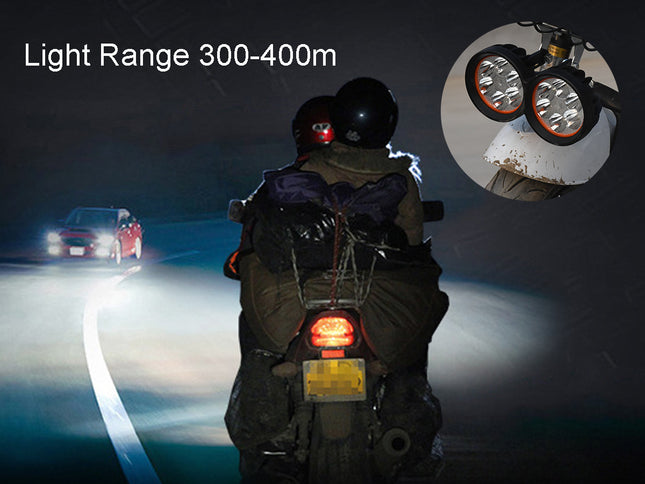 Motorcycle on a dark road with headlights on, showing light range of 300-400 meters.