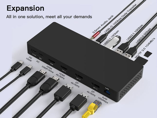Black expansion device with multiple ports and cables on a light gray background