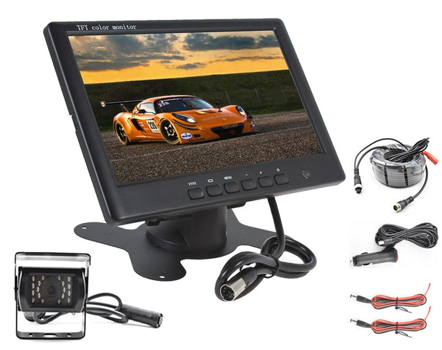 Car monitor with camera and cables on a white background