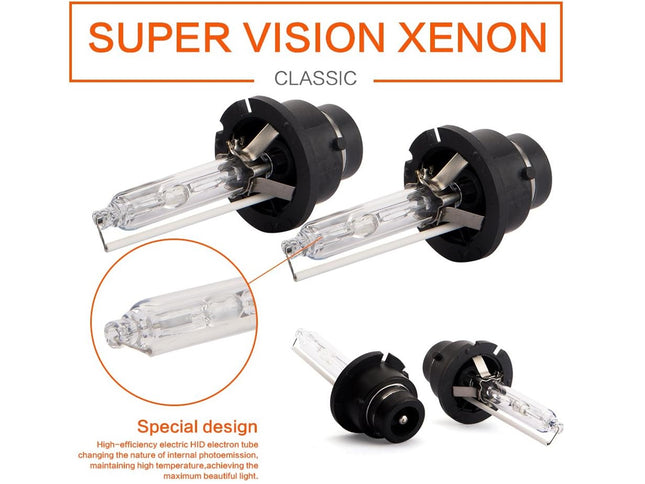 Super Vision Xenon car light bulbs with close-up details on a white background