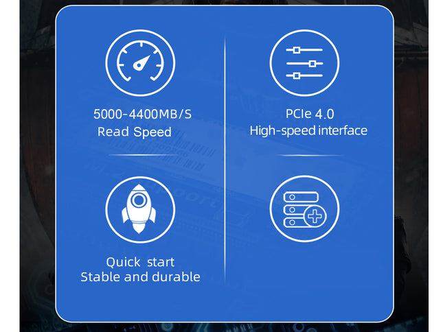 Blue panel with icons and text about read speed, PCIe interface, quick start, and durability on a dark background.