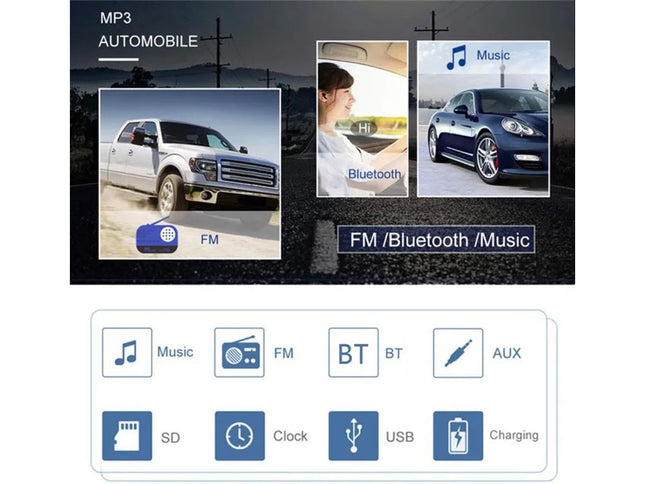 Car multimedia system display with FM, Bluetooth, and music icons.