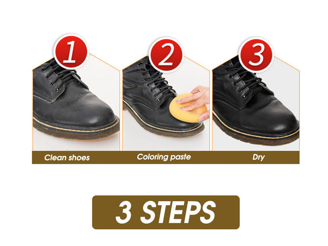 Step-by-step guide on cleaning and coloring black shoes with a paste.
