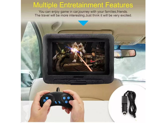 Car entertainment system with screen displaying a game, held by a person with a controller, in a car interior.