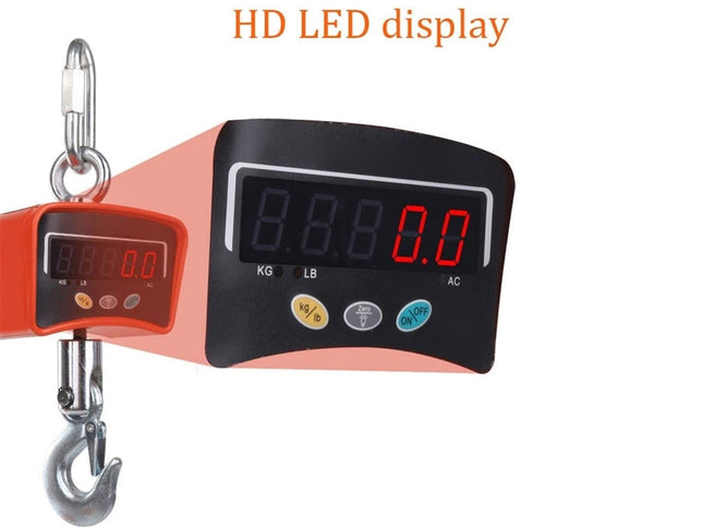 Digital hanging scale with an HD LED display on a white background
