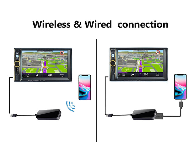 Two car stereo systems with wireless and wired connections to smartphones on a white background.