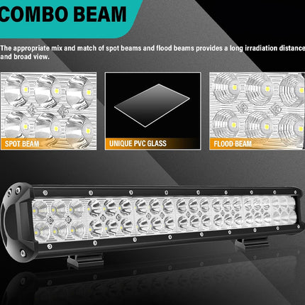 LED light bar with text explaining combo beam technology on a black background