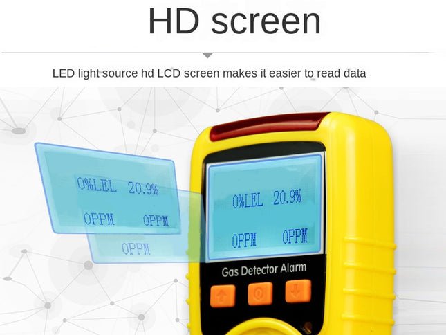 Yellow gas detector alarm with digital display on a white background