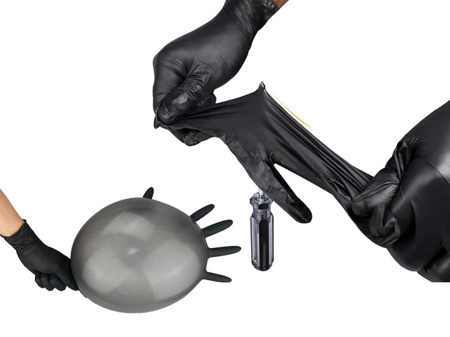 Black gloves interacting with a black balloon and a small black object on a white background
