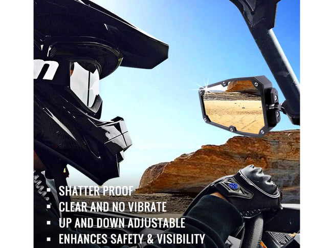 Motorcycle helmet and side mirror with desert landscape in the background