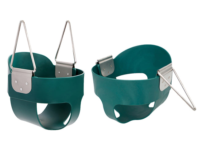 Two green baby seats with metal straps on a white background