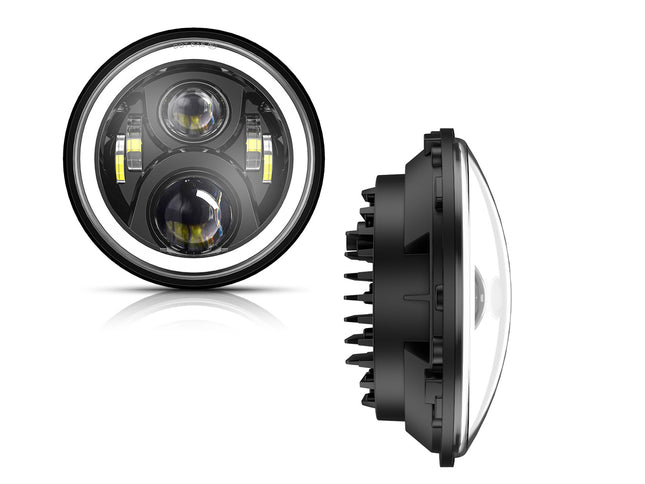Car headlight with detailed view on a white background