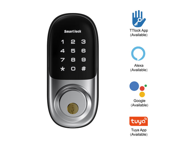 Smart lock with digital keypad and compatibility icons for TLock App, Alexa, Google, and Tuya App on a white background.