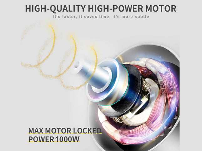 High-quality high-power motor with text highlighting its features on a light gray background