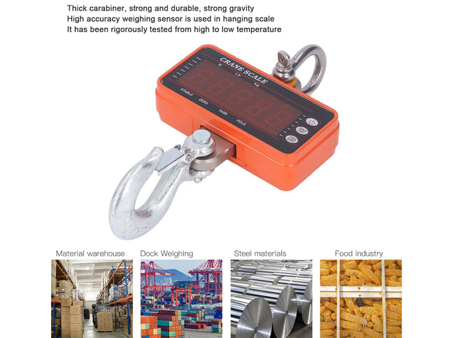 Orange crane scale with hanging hook on a white background, used for material warehouse, dock weighing, steel materials, and food industry applications.
