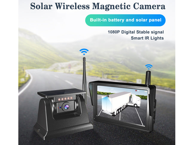 Solar wireless magnetic camera system with display on a road background