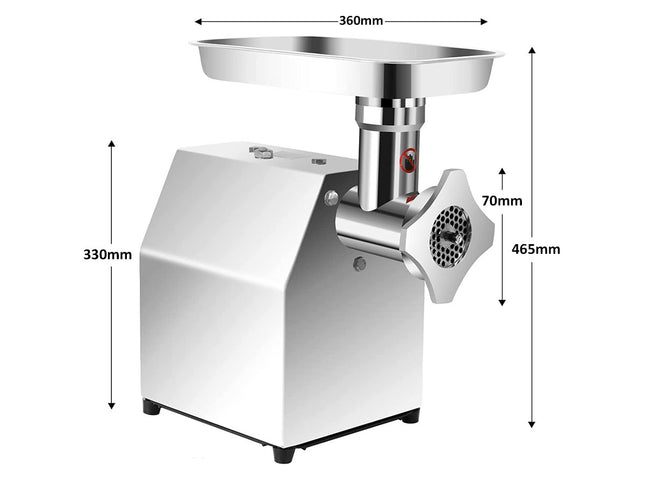 Stainless steel meat grinder with dimensions labeled on a white background