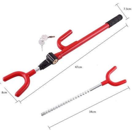 Red metal tool with measurements on a white background