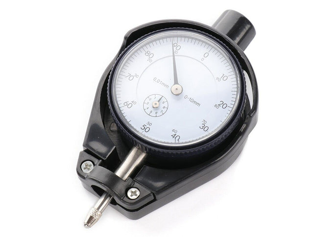 Dial indicator with a white face and black casing on a white background
