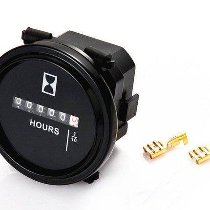 Hour meter gauge with hourglass symbol and two gold connectors on a white background