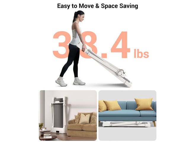 Woman moving a vacuum cleaner with text indicating weight and space-saving features.