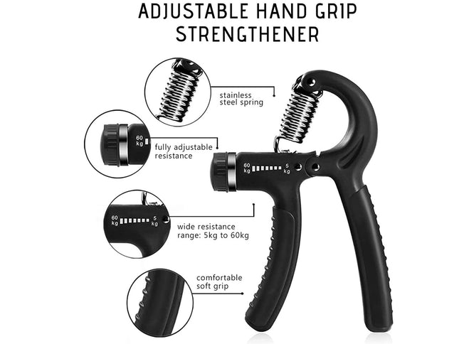 Black adjustable hand grip strengthener with labeled features on a white background