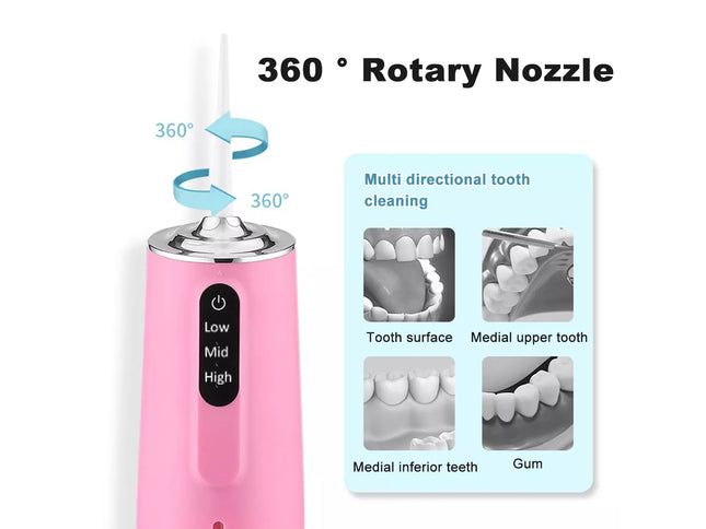 Pink dental cleaning device with 360-degree rotary nozzle and images of teeth cleaning on a white background.