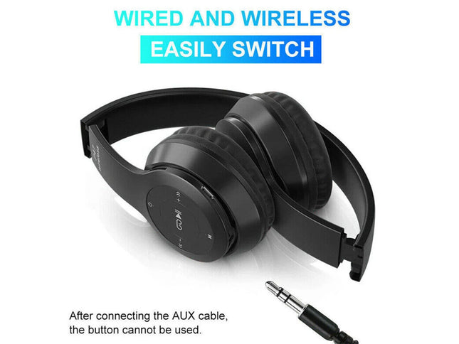 Black headphones with a cable on a white background, featuring text about wired and wireless switching.