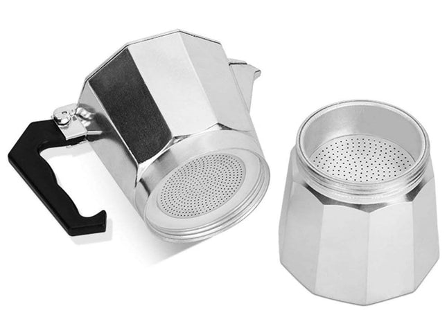 Metal coffee percolator on a white background