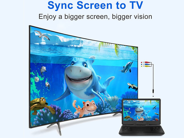 Sync screen to TV setup with shark cartoon on screen and cable.