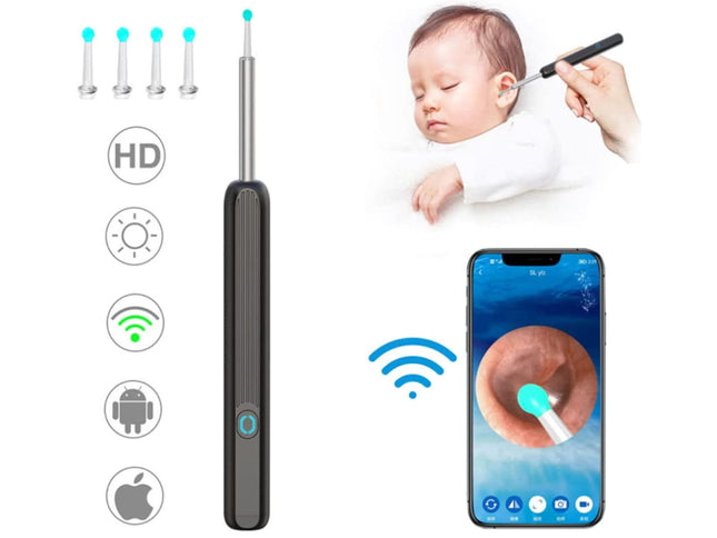 Ear cleaning tool with smartphone app for ear inspection, showing app interface on screen.