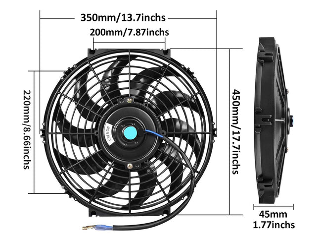 Dimensions of a black automotive fan with measurements in millimeters and inches.