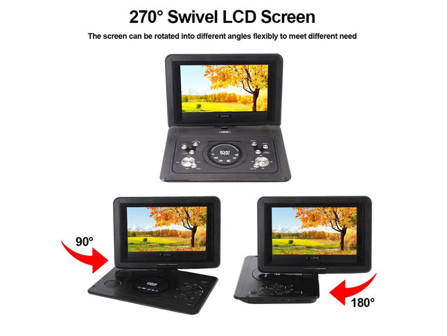 Portable DVD player with swivel LCD screen showing tree and field images, with text indicating screen rotation capabilities.