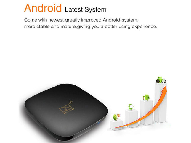 Black electronic device with 'DLINK' logo on a white background, featuring text about the latest Android system.