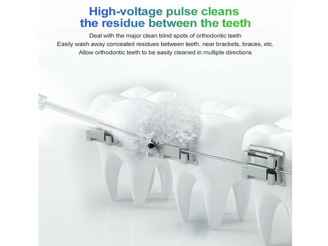 Teeth with orthodontic hardware and cleaning tool on a white background