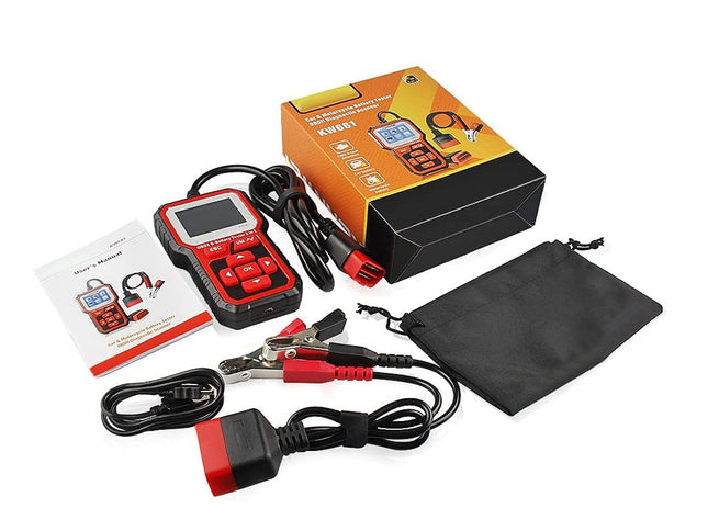 Car battery tester with cables, manual, and pouch on a white background