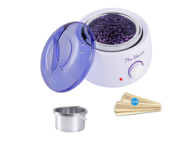 Beauty tool with purple lid, white body, and accessories on a white background