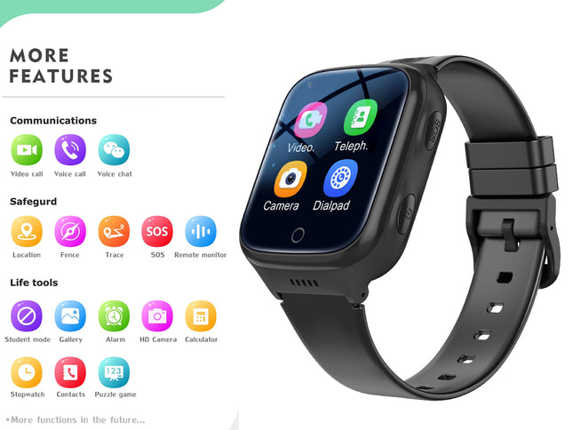 Smartwatch with app icons on display screen, featuring communication, safety, and life tools functionalities.