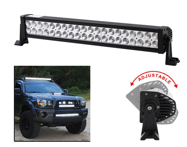 LED light bar with adjustable feature, shown on a vehicle and in close-up.