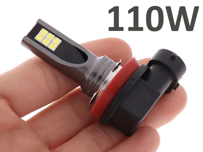 LED light bulb held in a hand with '110W' text above it