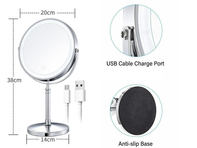 Magnetic makeup mirror with USB cable, charging port, and anti-slip base on a white background