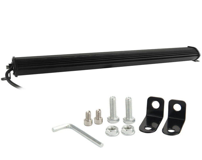 Black LED light bar with mounting hardware on a white background