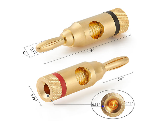 Two gold connectors with measurements on a white background