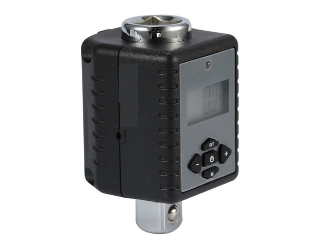 Black electronic device with digital display and control buttons on a white background