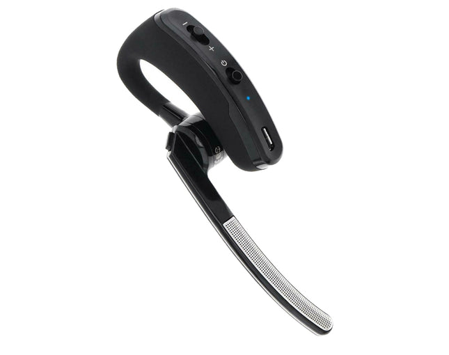 Black Bluetooth headset on a white background
