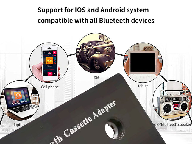 Black cassette adapter with compatibility features for iOS, Android, and Bluetooth devices on a white background.