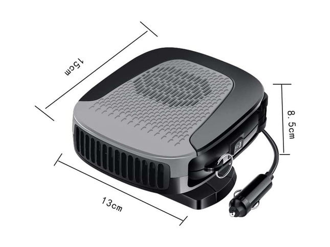 Car heater with dimensions labeled on a white background