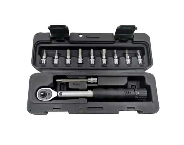 Torque wrench and bit set in a black case on a white background
