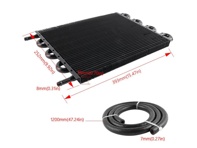 Car radiator with dimensions labeled on a white background